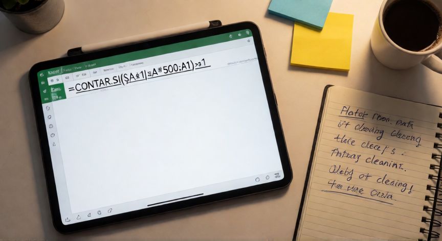en excel marcar duplicados, Fórmula CONTAR.SI para detectar duplicados escrita en la barra de fórmulas de Excel sobre una mesa de trabajo