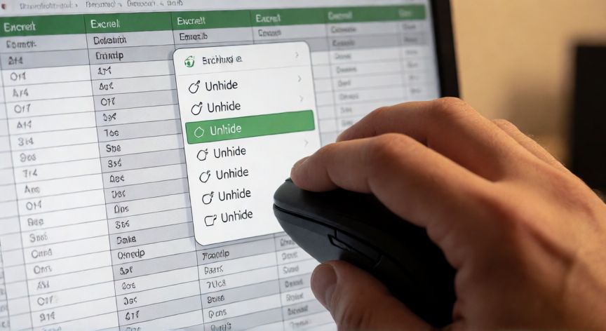 en excel mostrar columnas ocultas, Menú contextual de Excel con la opción Desocultar seleccionada sobre un encabezado de columna