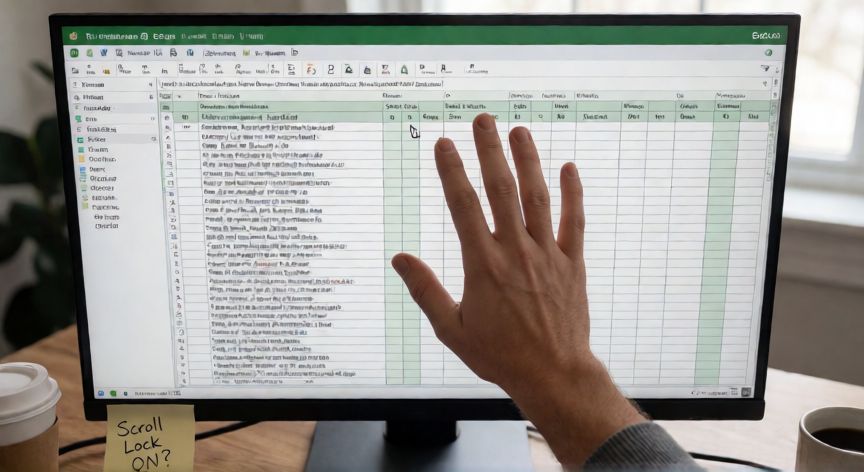 en excel muevo las flechas y se mueve toda la hoja, Pantalla de Excel con la hoja desplazándose al pulsar las flechas y una nota adhesiva indicando Scroll Lock