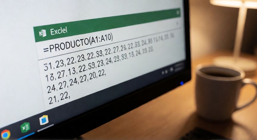 en excel multiplicar celdas, Barra de fórmulas de Excel mostrando la función PRODUCTO para multiplicar un rango de celdas
