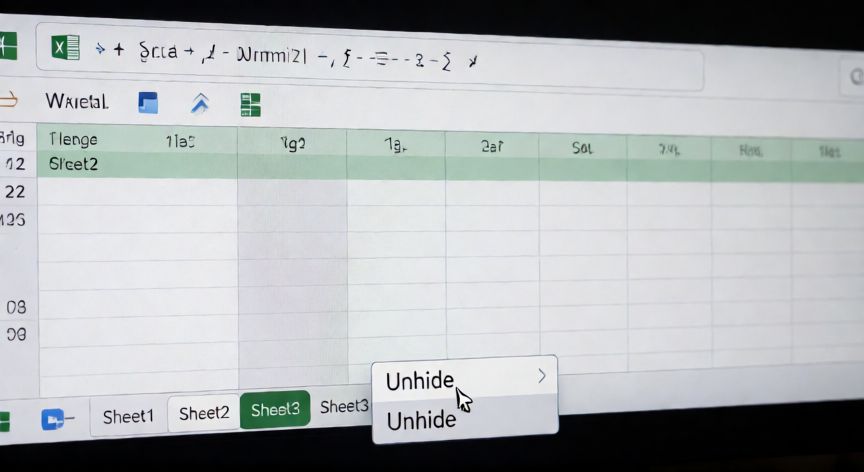 en excel no me aparecen las hojas, Ventana de Excel con menú contextual abierto en la barra de pestañas seleccionando la opción Mostrar para desocultar una hoja