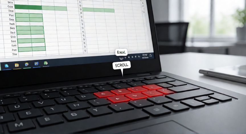en excel no me funcionan las flechas, Teclado con teclas de flecha resaltadas y hoja de Excel mostrando Scroll Lock activado en la barra de estado