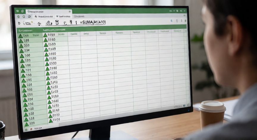 en excel no me suma las celdas, Persona confundida mirando una hoja de cálculo de Excel con advertencias de formato en las celdas