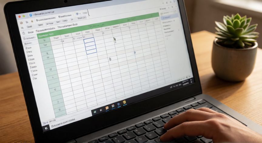 en excel no puedo moverme con las flechas, Pantalla de Excel con barra de estado visible y mano sobre el teclado en un escritorio de oficina