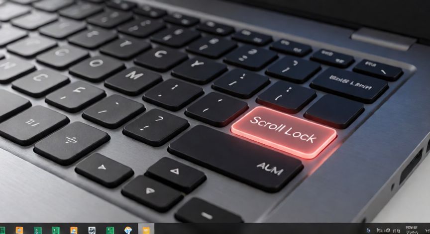 en excel no se mueven las celdas con las flechas, Teclado portátil con la tecla Bloq Despl iluminada indicando que está activada