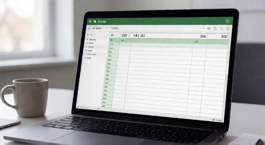 en excel para restar dos celdas la fórmula correcta es, Pantalla de Excel mostrando la fórmula =A1-B1 para restar dos celdas con resultado 300
