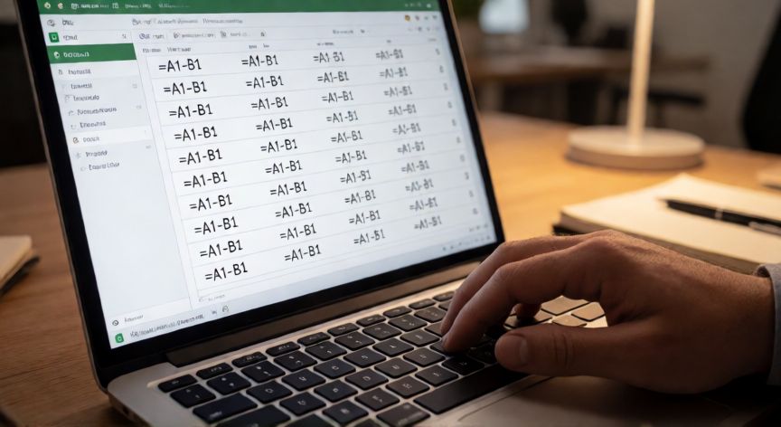 en excel para restar dos celdas la fórmula correcta es, Manos escribiendo fórmulas de resta en Excel con la fórmula copiada hacia abajo en múltiples filas