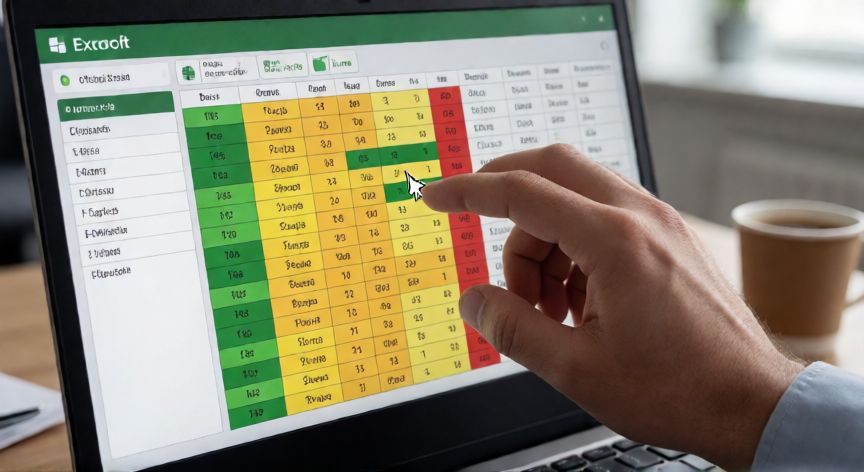 en excel poner color segun valor, Pantalla de Excel mostrando formato condicional con celdas de colores verde, amarillo y rojo según el valor