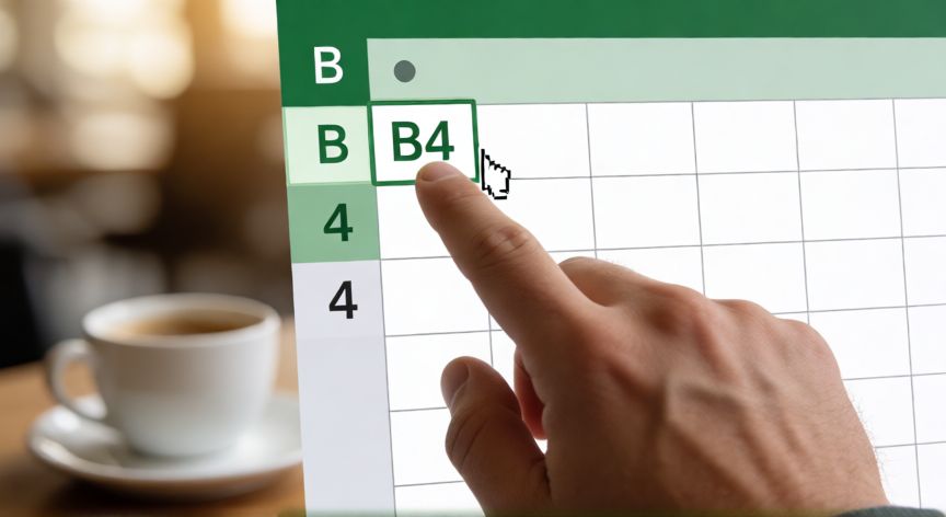 en excel que es columna y fila, Referencia de celda B4 en Excel mostrando la intersección de la columna B y la fila 4