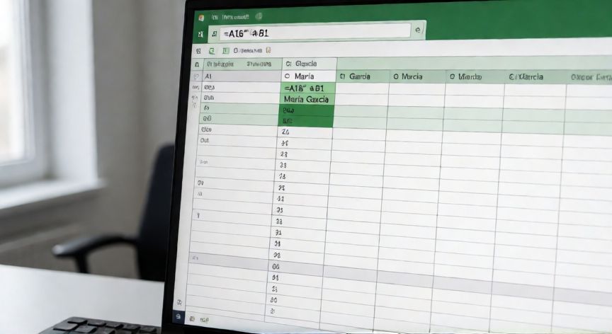en excel que es concatenar, Pantalla de Excel mostrando la fórmula de concatenación =A1&" "&B1 uniendo nombre y apellido