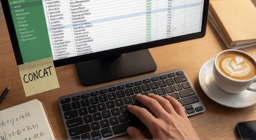 en excel que es concatenar, Persona escribiendo fórmulas de concatenación CONCAT en Excel sobre una laptop en un escritorio de oficina