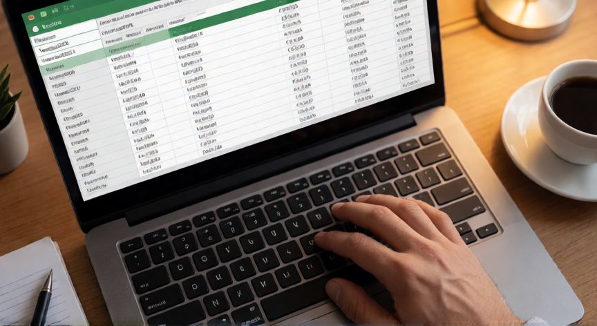 en excel que es un rango, Manos tecleando en un portátil con una hoja de Excel que muestra un nombre definido de rango en la barra de nombres