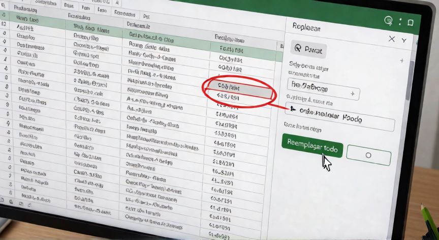 en excel reemplazar, Diálogo de Reemplazar en Excel con la opción Reemplazar todo seleccionada