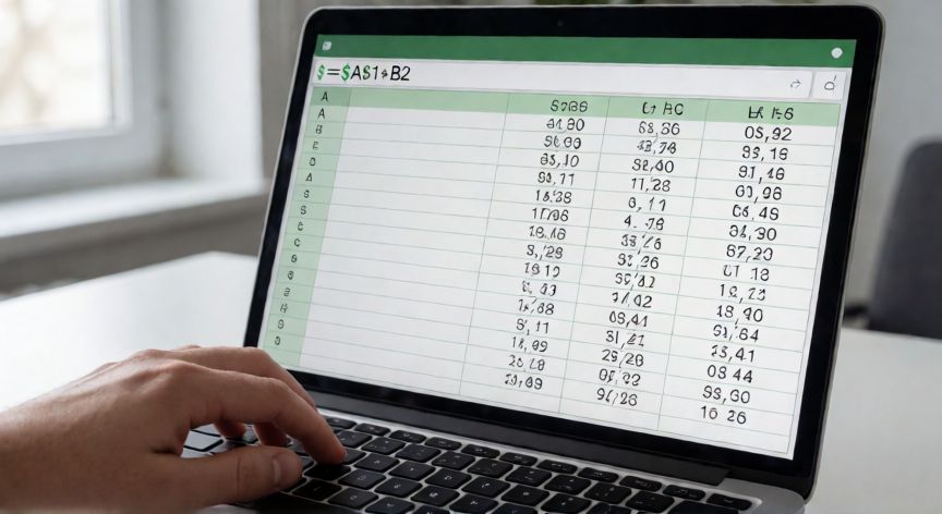 en excel referencia absoluta, Pantalla de Excel mostrando una referencia absoluta $A$1 en la barra de fórmulas