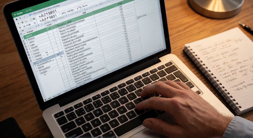 en excel referencia relativa, Persona escribiendo una fórmula con referencia relativa y absoluta combinada en Excel sobre un portátil