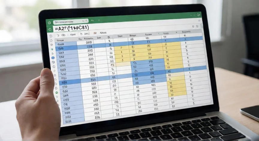 Mano escribiendo fórmula con referencia absoluta $C$1 en la barra de fórmulas de Excel