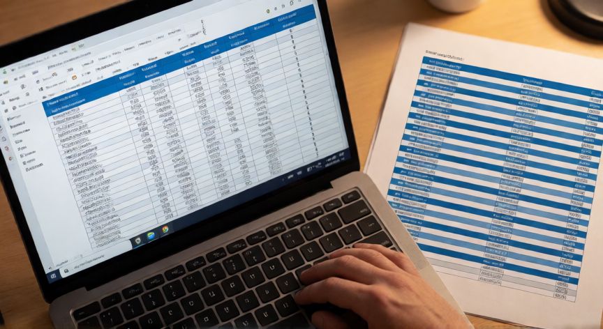 en excel repetir encabezado, Hojas de Excel impresas con el encabezado repetido en cada página junto a una laptop