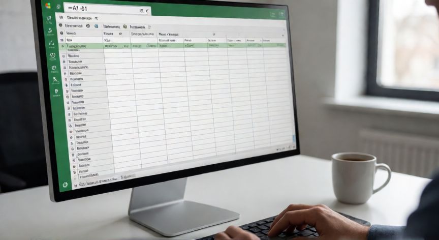 en excel restar, Pantalla de Excel mostrando la fórmula de resta =A1-B1 en la barra de fórmulas