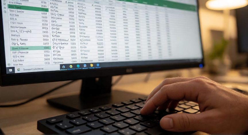 en excel se pone punto o coma, Person typing Excel formulas with decimal comma separator on screen