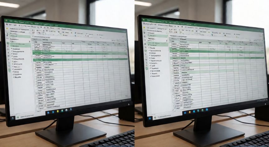 en excel se pone punto o coma, Two monitors comparing Spanish comma decimal vs English dot decimal in Excel