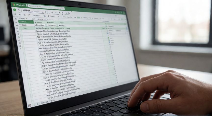 en excel se puede cambiar de minusculas a mayusculas, Pantalla de Excel mostrando la función TEXTO.MAYUSC aplicándose a una columna de texto en minúsculas