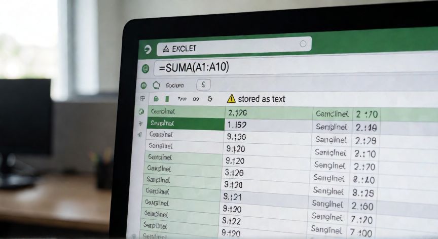 en excel veo la formula y no el resultado, Celda de Excel mostrando la fórmula en lugar del resultado con icono de advertencia