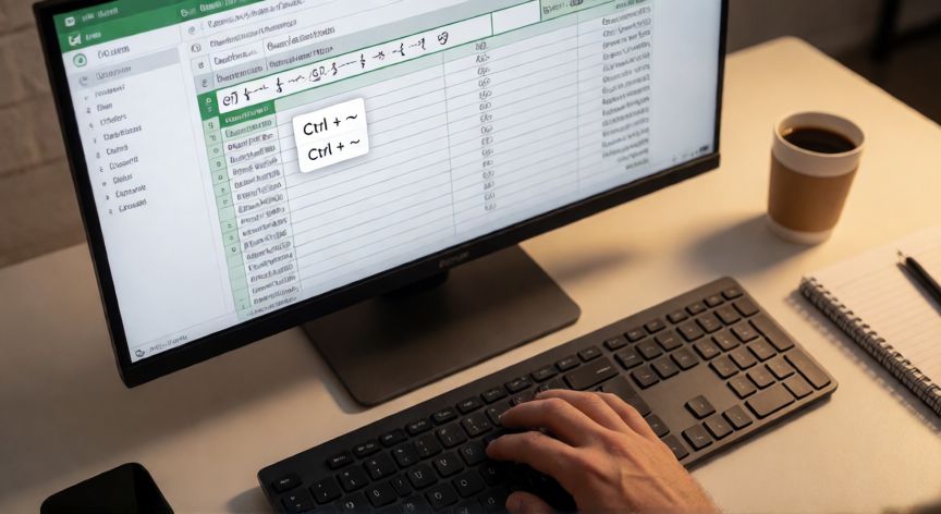 en excel veo la formula y no el resultado, Teclado y pantalla de Excel con la combinación de teclas Ctrl + tilde destacada