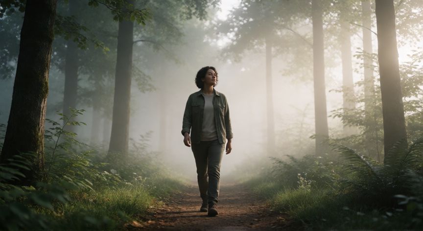 en la vida es mejor andar solo, Persona caminando sola por un bosque tranquilo al amanecer