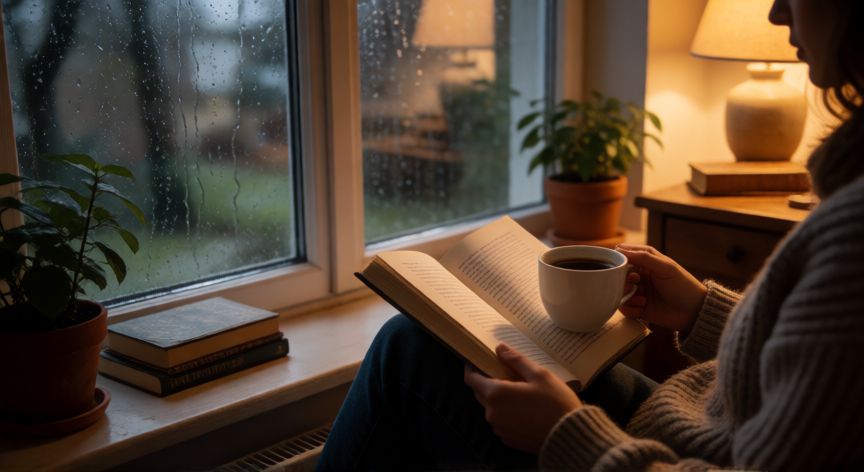 en la vida es mejor andar solo, Lectura en soledad junto a una ventana con lluvia fuera
