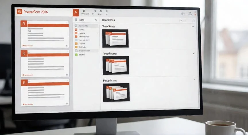 Interfaz de PowerPoint 2016 mostrando la pestaña de Transiciones con sus tres categorías