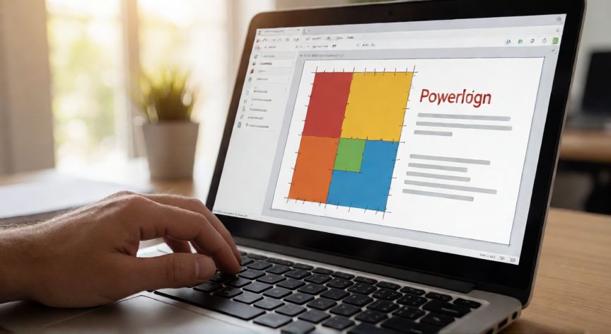 en powerpoint como hacer una diapositiva, Person editing a PowerPoint slide on a laptop in an office setting