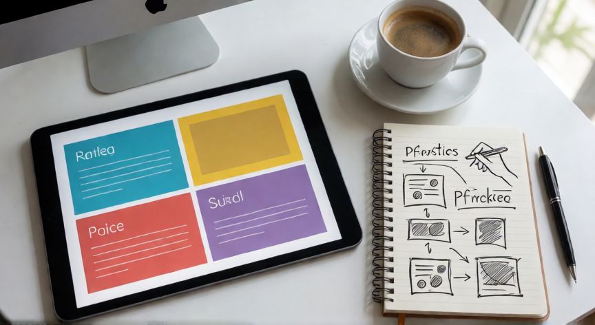 en powerpoint como hacer una diapositiva, Overhead view of a workspace with a tablet showing presentation design and planning notes