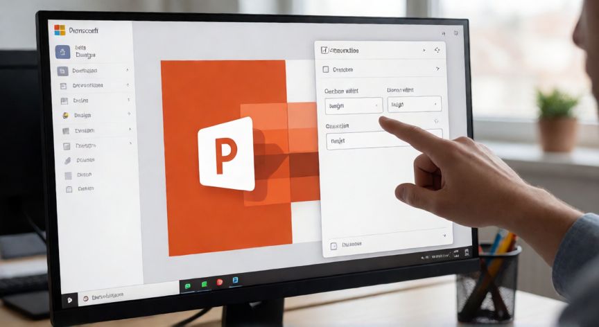 en powerpoint como poner la hoja vertical, Vista de PowerPoint con el cuadro de diálogo de tamaño de diapositiva abierto para cambiar a orientación vertical