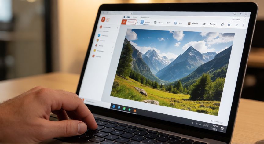 en powerpoint como poner una imagen de fondo, Pantalla de PowerPoint mostrando la opción Formato del fondo para insertar una imagen de paisaje como fondo de diapositiva