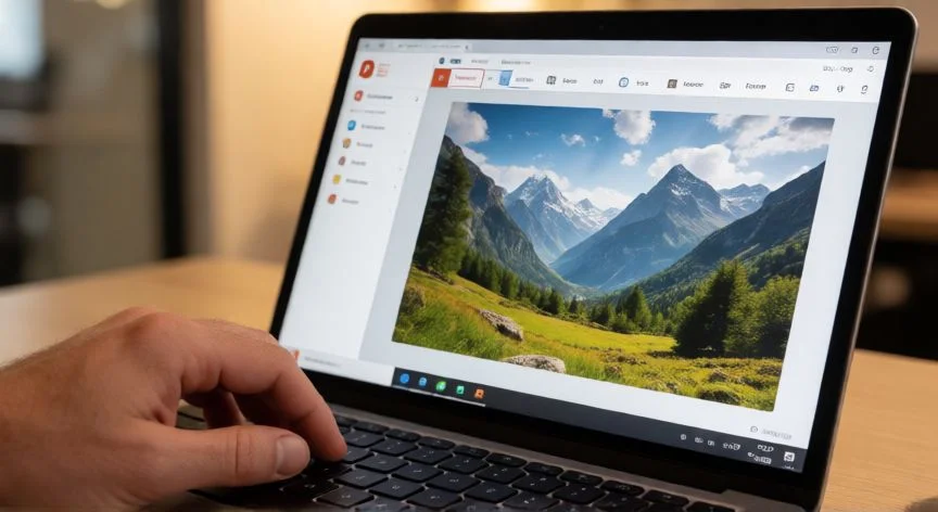Pantalla de PowerPoint mostrando la opción Formato del fondo para insertar una imagen de paisaje como fondo de diapositiva