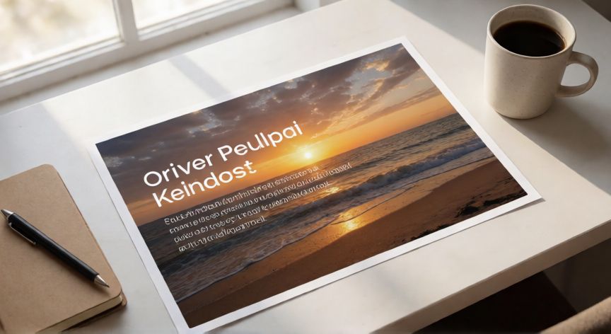 en powerpoint como poner una imagen de fondo, Vista cenital de una diapositiva de PowerPoint impresa con imagen de fondo de atardecer y texto superpuesto en una mesa de trabajo