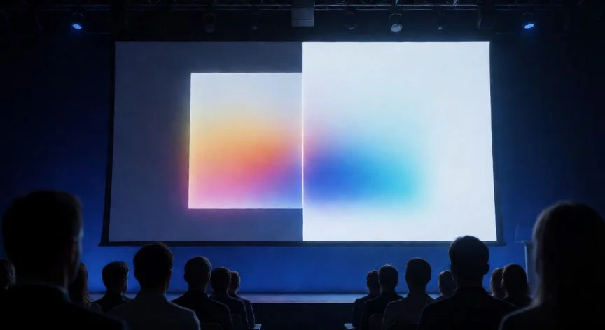 en powerpoint la opción transiciones sirve para, Sala de conferencias con una presentación en pantalla mostrando un efecto de transición suave entre diapositivas