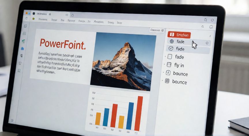 en powerpoint qué es una animación, Pantalla de PowerPoint mostrando el Panel de Animación con efectos de entrada, énfasis y trayectorias aplicados a objetos de una diapositiva