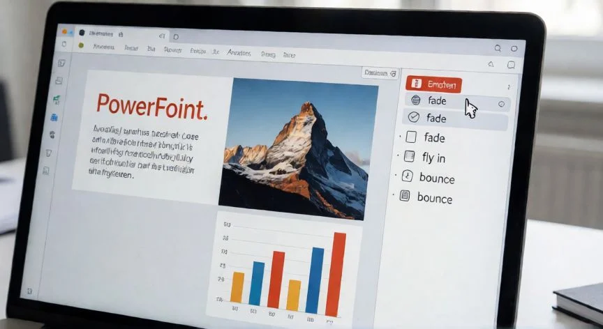 Pantalla de PowerPoint mostrando el Panel de Animación con efectos de entrada, énfasis y trayectorias aplicados a objetos de una diapositiva