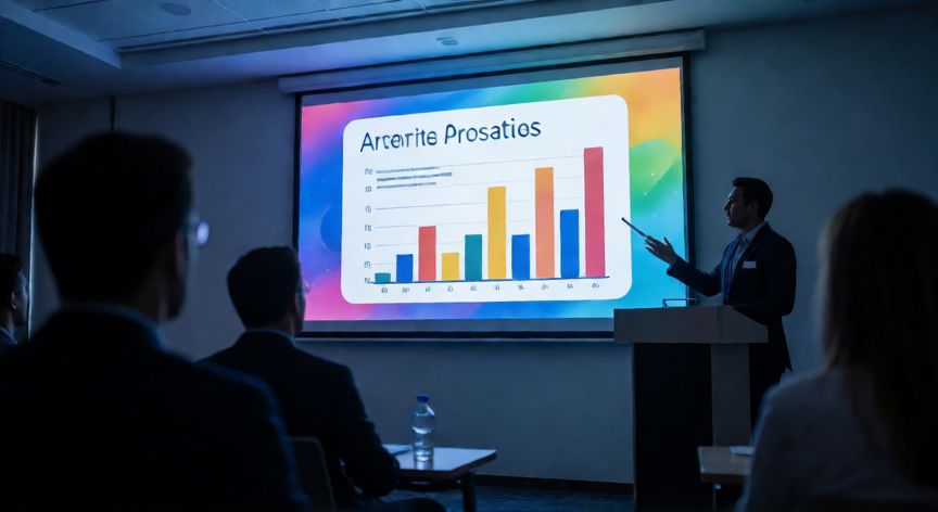 en powerpoint que es una diapositiva, Presentación en curso con una diapositiva proyectada en pantalla y público asistente en una sala de conferencias