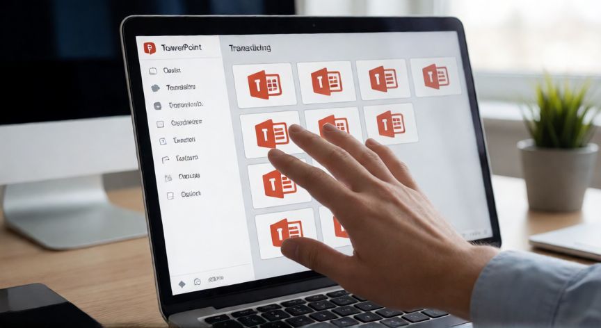 en powerpoint qué es una transición, Panel de transiciones de PowerPoint en la pantalla de un portátil durante una presentación