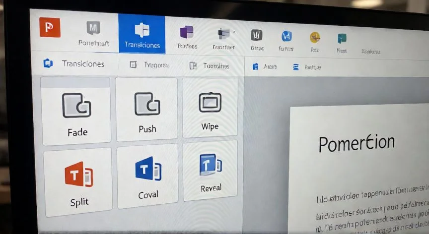 en powerpoint qué función permite agregar efectos de transición entre diapositivas, Pestaña Transiciones de PowerPoint con galería de efectos disponibles para diapositivas