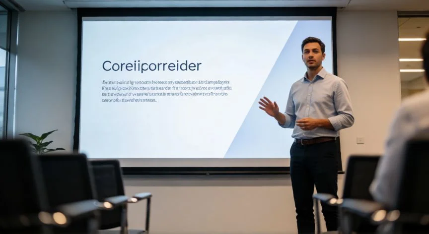 en powerpoint qué son las transiciones, Presentador en una sala de reuniones mostrando diapositivas con transiciones suaves