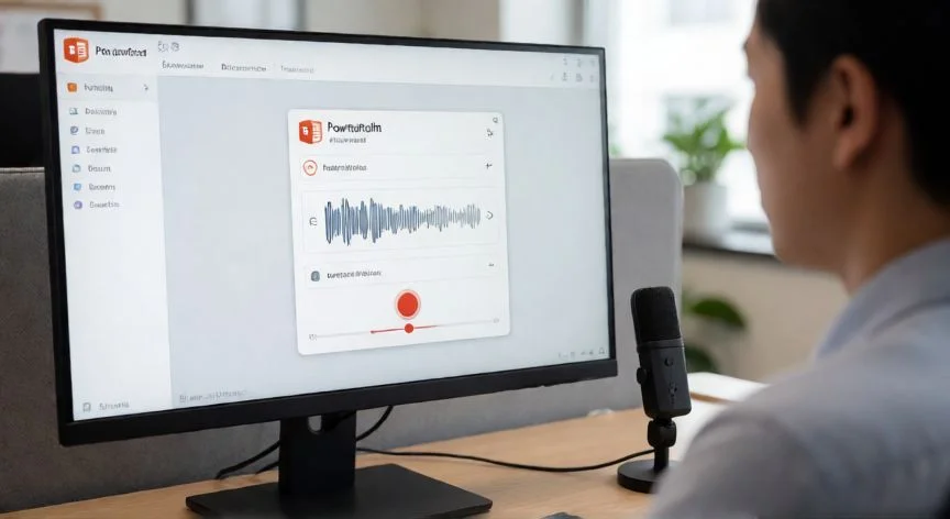 Persona grabando audio en una presentación de PowerPoint con micrófono USB