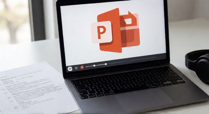 en powerpoint se puede grabar audio, Presentación de PowerPoint en reproducción con audio y guion impreso junto al portátil