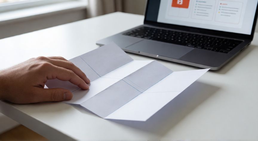 en powerpoint se puede hacer un triptico, Personas plegando una hoja A4 en tres paneles para crear un tríptico sobre un escritorio