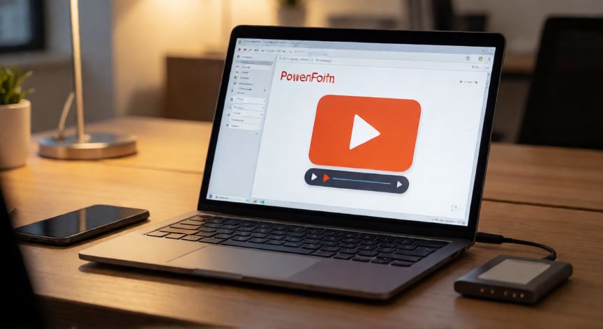 en powerpoint 2026 se puede poner videos, Portátil mostrando la inserción de un video en una diapositiva de PowerPoint sobre un escritorio de oficina