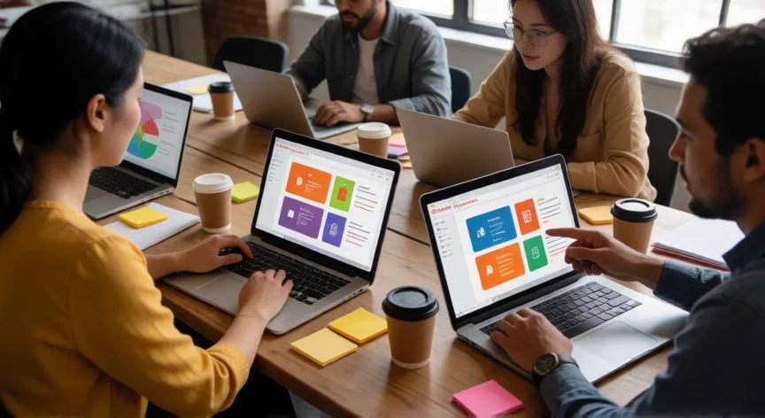 Equipo colaborando en una presentación de PowerPoint desde sus portátiles