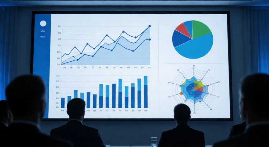 en powerpoint se pueden hacer graficas, Sala de reuniones con una presentación que muestra varias tipologías de gráficas proyectadas en pantalla