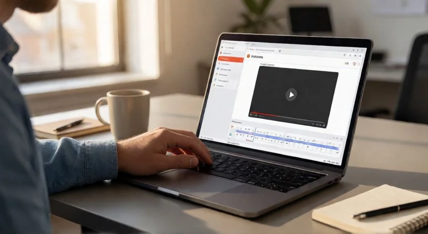 Persona editando una presentación de PowerPoint con vídeo insertado en un escritorio de oficina